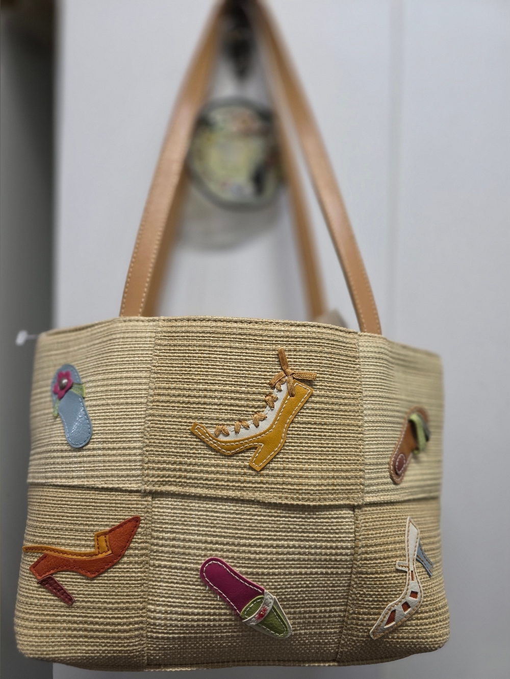 Women’s Beige Straw Tote Bag with Shoe Patch Accents